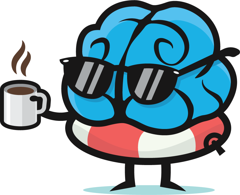 pool brain character wearing sunglasses and holding cup of steaming coffee