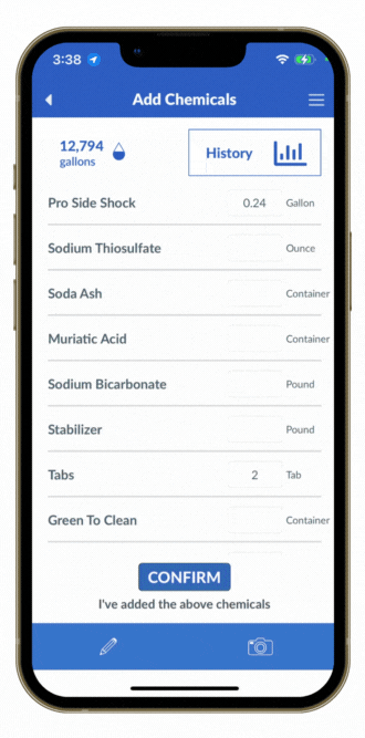 pool chemical and dosing history iPhone